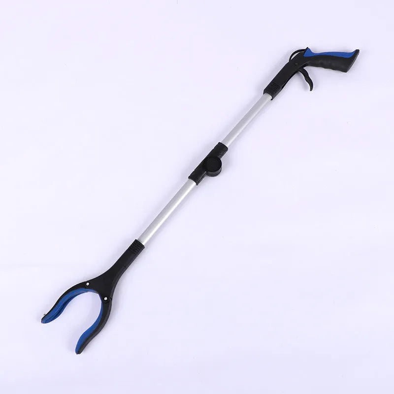 Foldable aluminium garbage clamp with extended silver rod and blue handle, showing magnet sucker attachment.