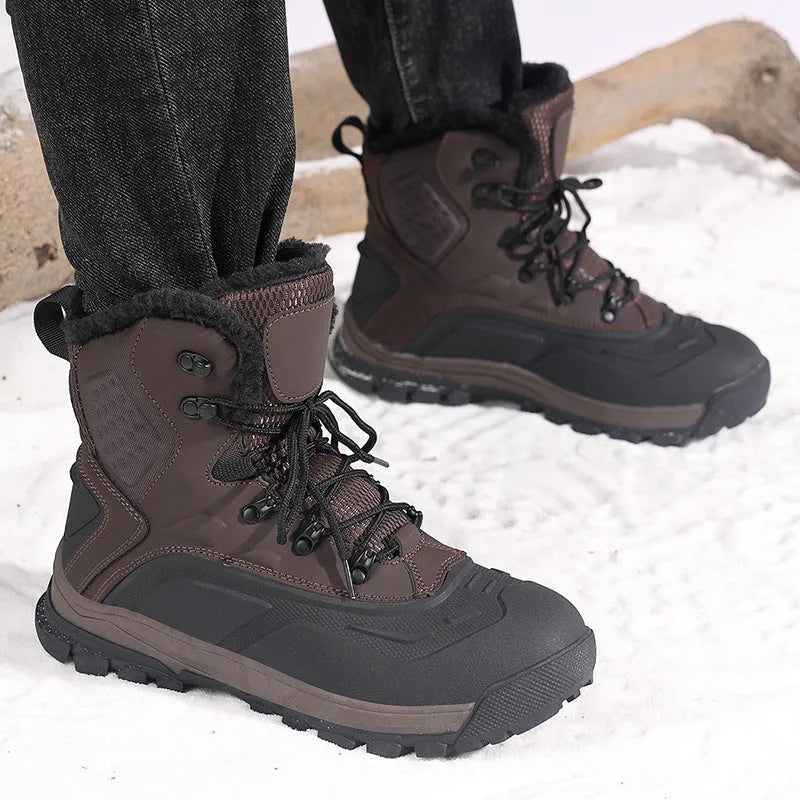 Fleece-lined high-top lace-up men's boots in black plus velvet or khaki, flat heel.