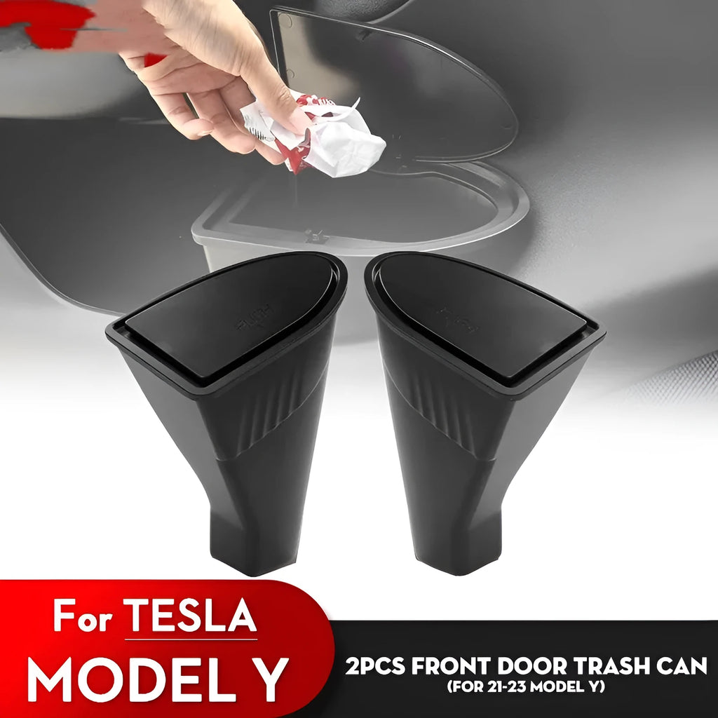 Two black plastic car door storage containers for Tesla Model Y
