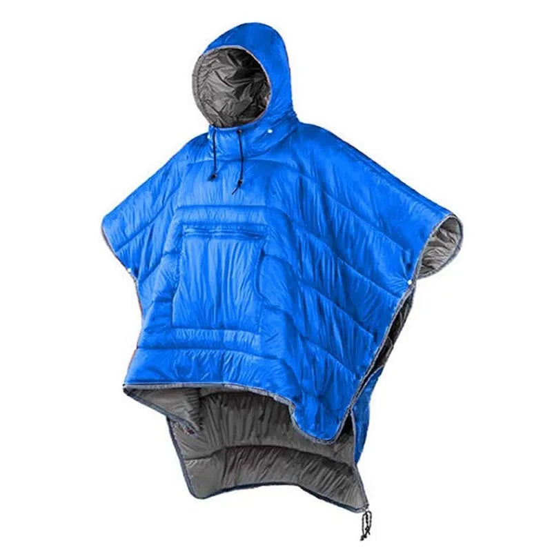 Adult-sized grey outdoor cloak sleeping bag with waterproof nylon exterior shown in wearable cape configuration