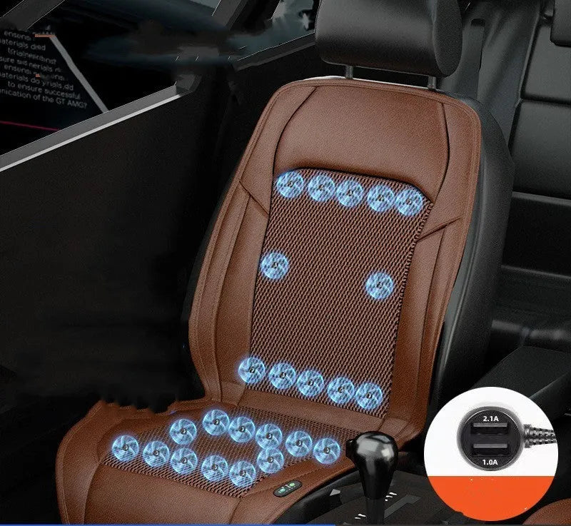Car seat cushion with ventilation fan system showing multiple colour options and fan configurations