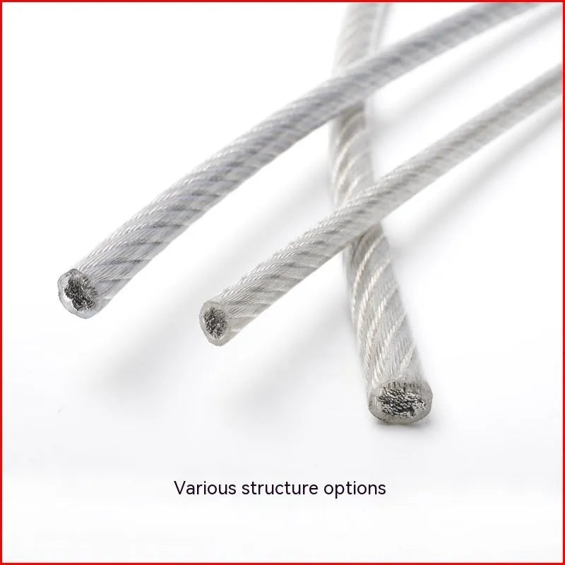 Coiled 304 stainless steel multi-strand security wire rope on a white background.