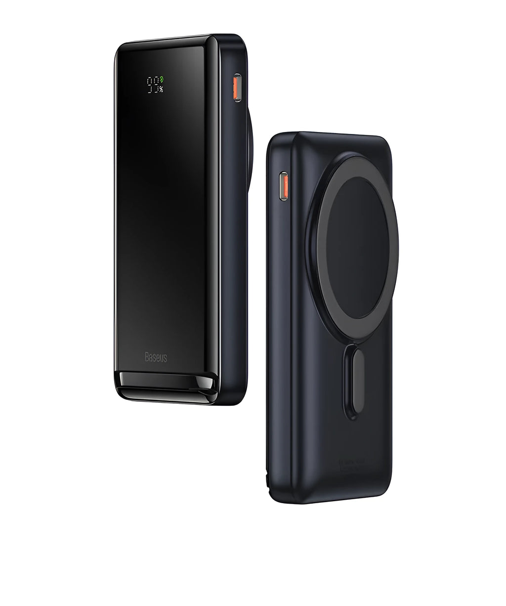 Blue 3-in-1 slim magnetic wireless power bank showing dimensions and USB charging cable