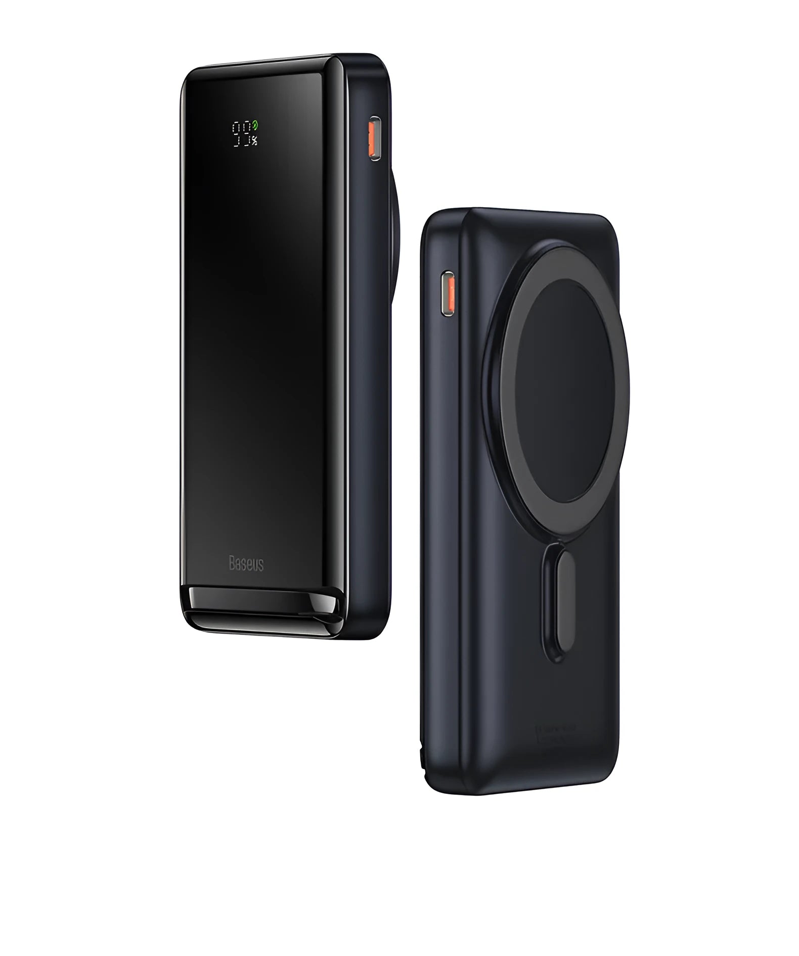 Blue 3-in-1 slim magnetic wireless power bank showing dimensions and USB charging cable