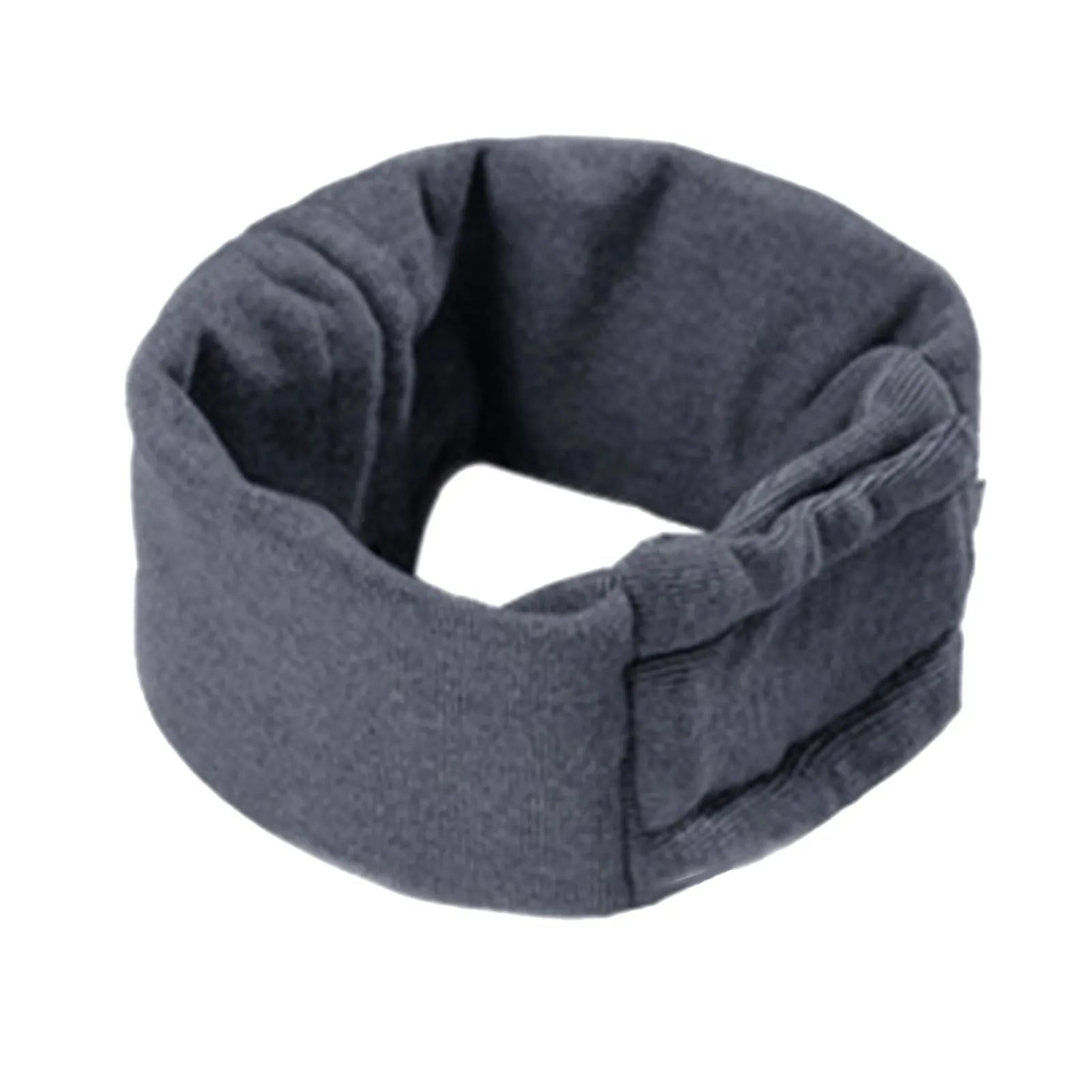 A black dog wearing a purple polyester calming hoodie that covers its head and ears.