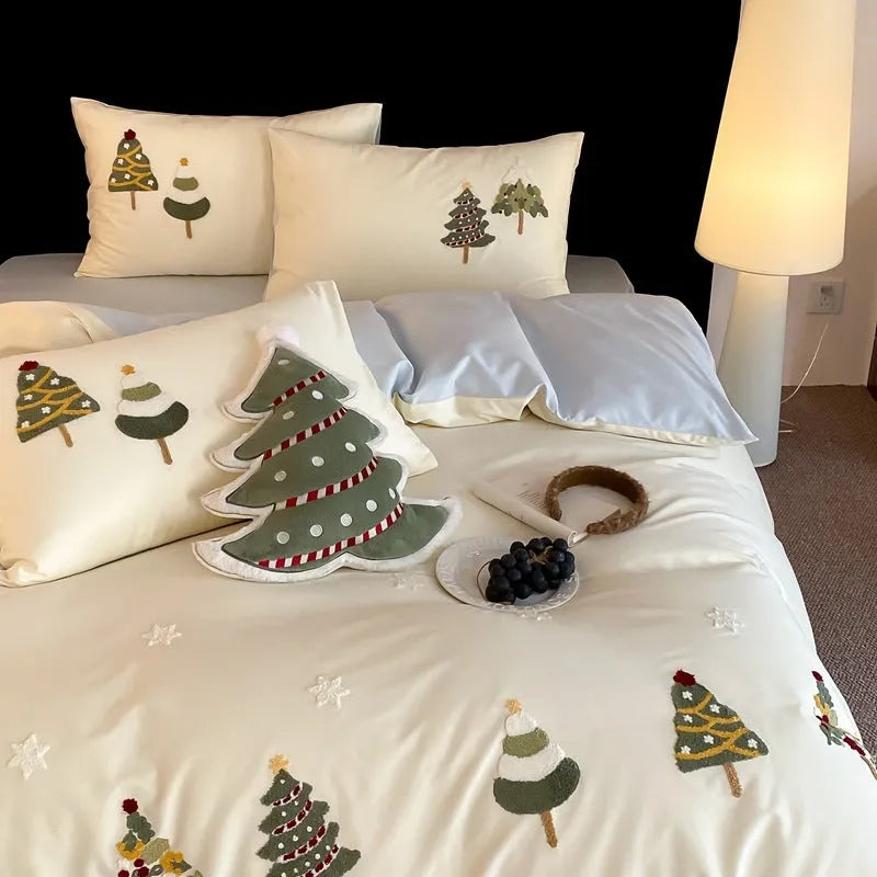 Pure cotton bedding set with embroidered Christmas trees on duvet cover, sheet, and pillowcases in cream blue or green.