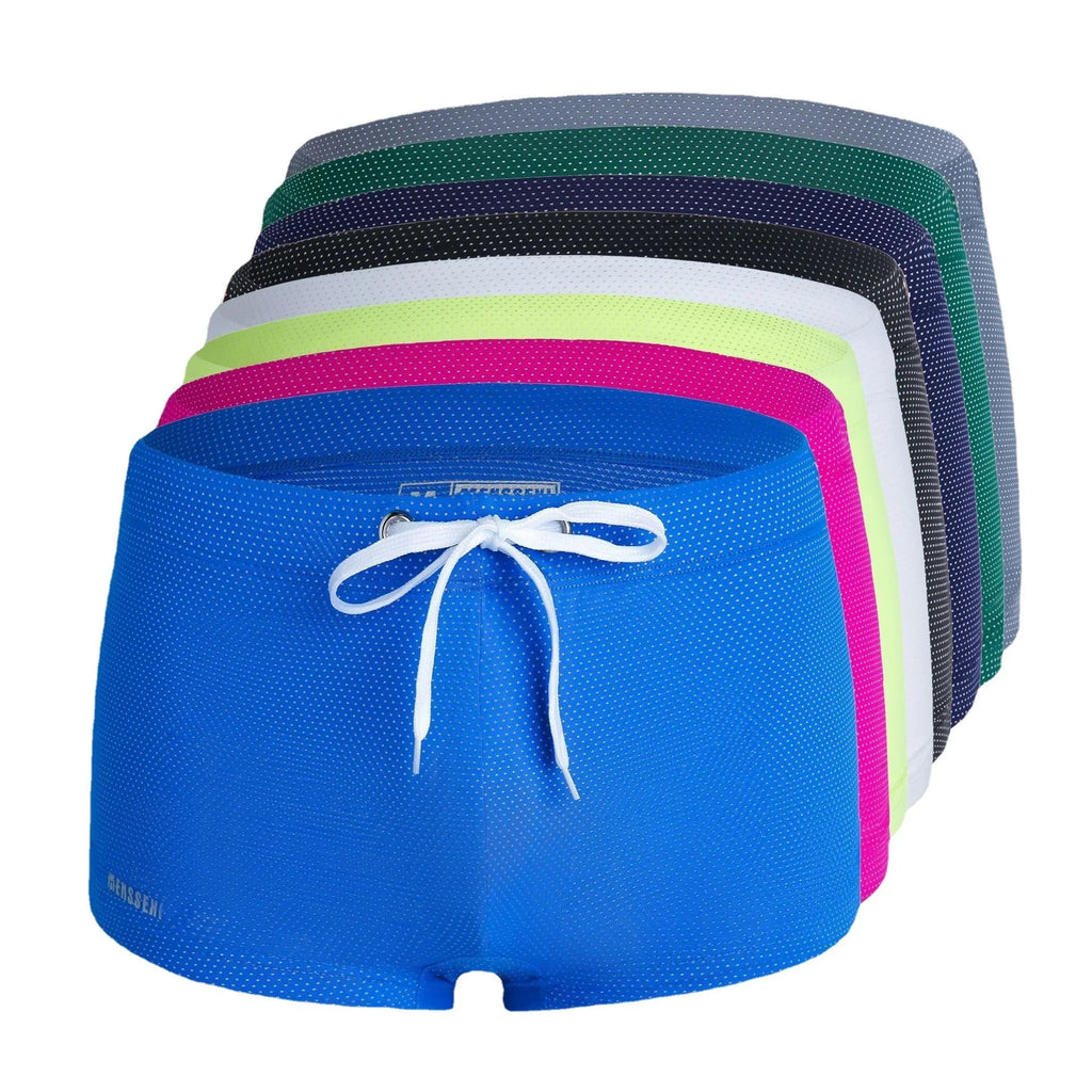 Men's low waist lace nylon boxer swimming trunks in multiple colours on a white background