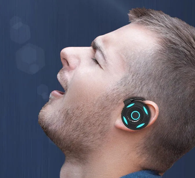 Black wireless Bluetooth gaming earphones with hanging ear design showing both earpieces