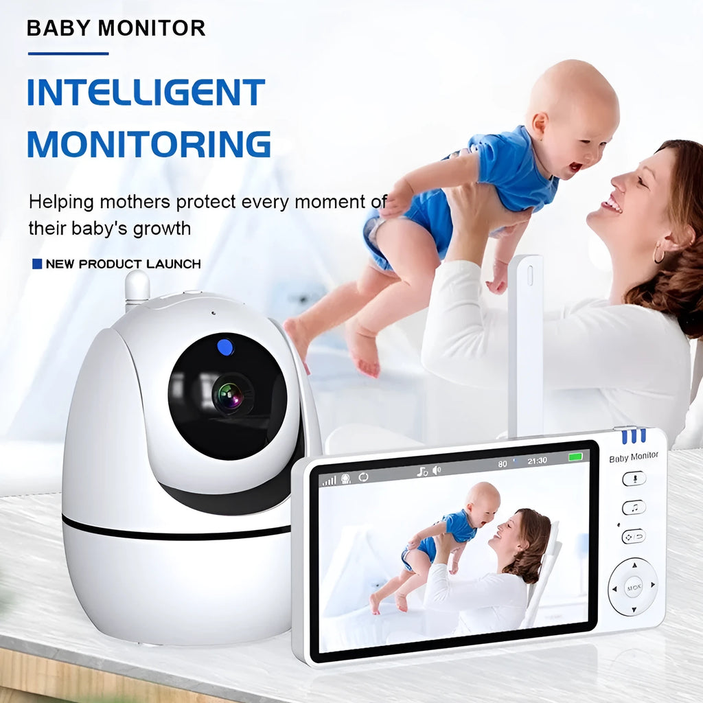 White HD wireless baby monitor with a 5-inch screen on a table.
