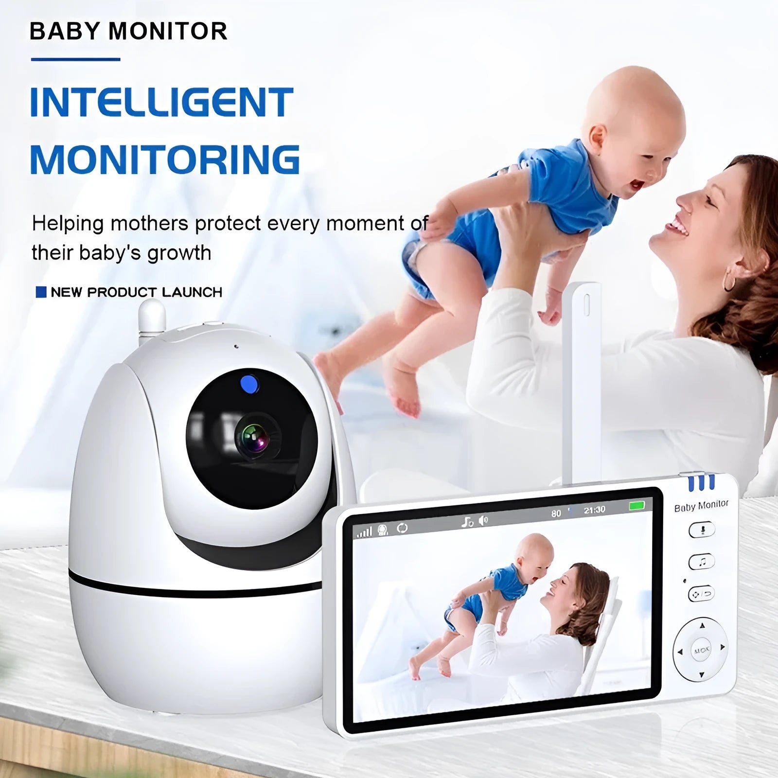 White HD wireless baby monitor with a 5-inch screen on a table.