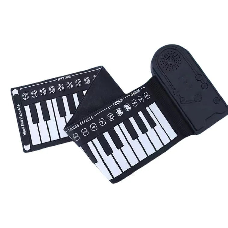 Portable folding electronic keyboard with 49 silicone rubber keys in hand roll design, shown in gloss black finish