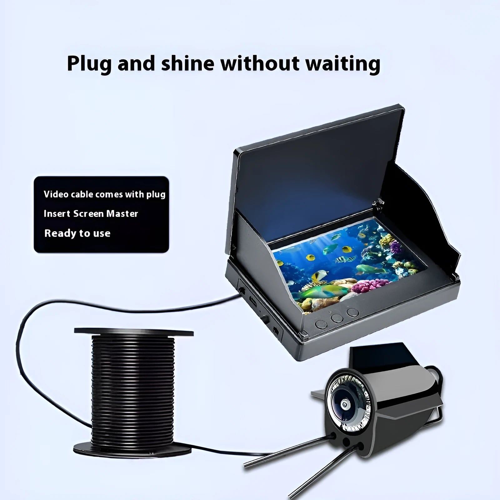Fish finder underwater camera with 4.3-inch screen showing underwater view, night vision lights, and choice of cable lengths.