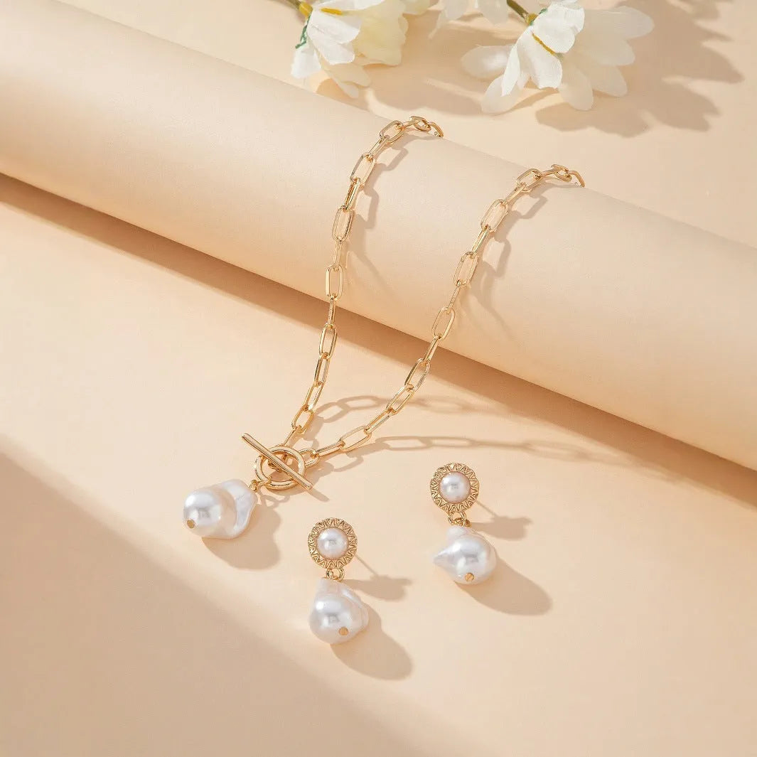 Gold colour retro baroque pearl necklace and earring jewellery set for women