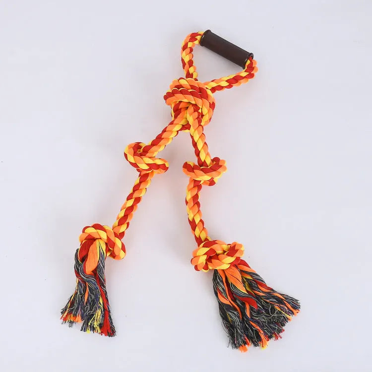 Blue and yellow durable cotton rope tug toy for large dogs with ergonomic handles