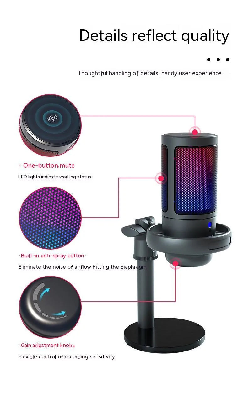 Condenser microphone with RGB lights in black, pink, or white colours for USB computer recording.