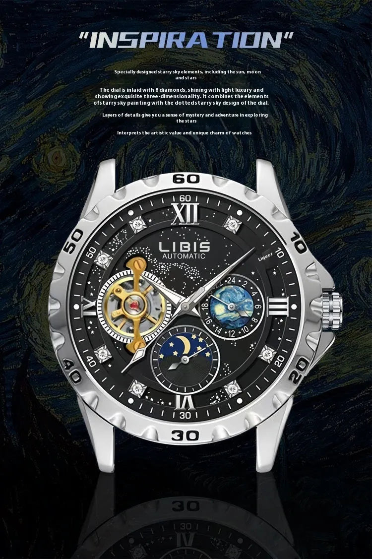 Men's silver case automatic watch with black starry dial, luminous hands, and brown leather strap