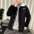 Men's loose fit corduroy jacket in khaki, green, or black with a stitched pocket.