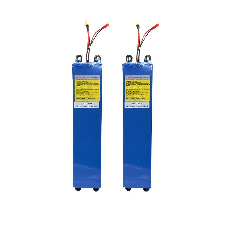 36V lithium battery pack for an electric scooter, showing capacity options of 6.6Ah, 7.8Ah, and 10.4Ah.