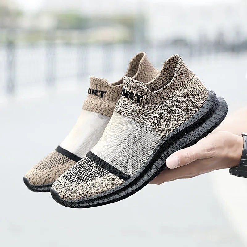 Flyknit woven sports sock shoes in khaki colour with lace fastening and breathable hollow construction