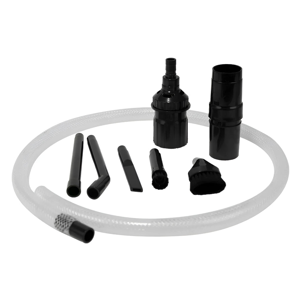Eight-piece vacuum cleaner attachment set for auxiliary dust collection in small spaces