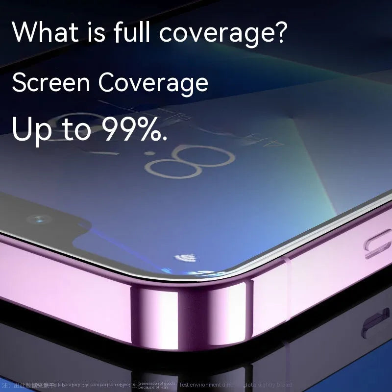 iPhone tempered glass privacy screen protector with anti-fingerprint and anti-blue light features.