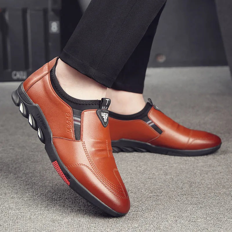 Men's black and brown PU leather business casual shoes with flat heel and lace-up or slip-on styles