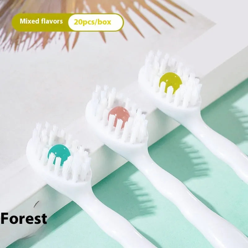 Box of 20 disposable mint flavour bead toothbrushes for portable oral care.