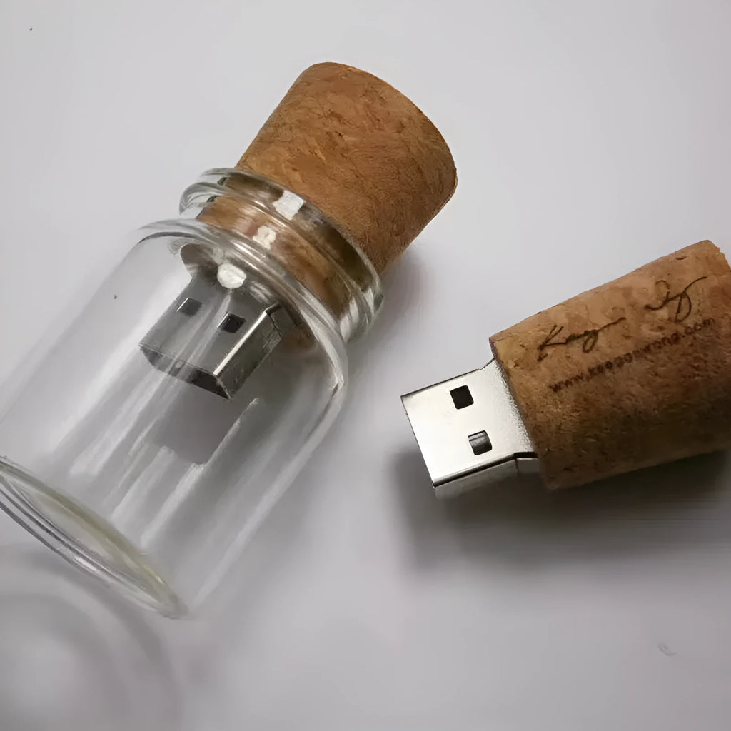 Transparent glass bottle USB flash drive with wooden cap showing 60mm length