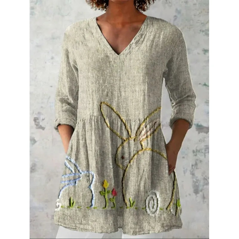Women's printed wave dress with 3/4 sleeves and loose wide waist fitting in polyester fabric