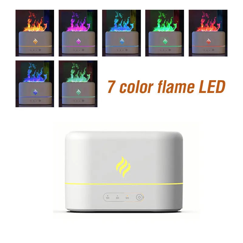 Black or white USB-powered humidifier with seven-colour flame light effect and mist output.