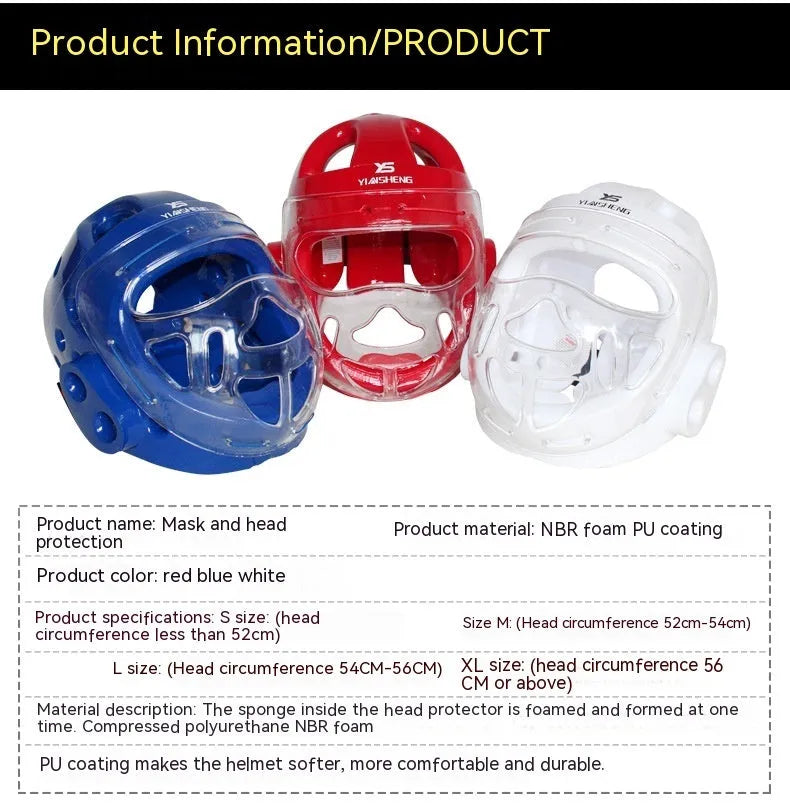 A karate helmet for boxing head protection, shown in white, blue, and red colour options.