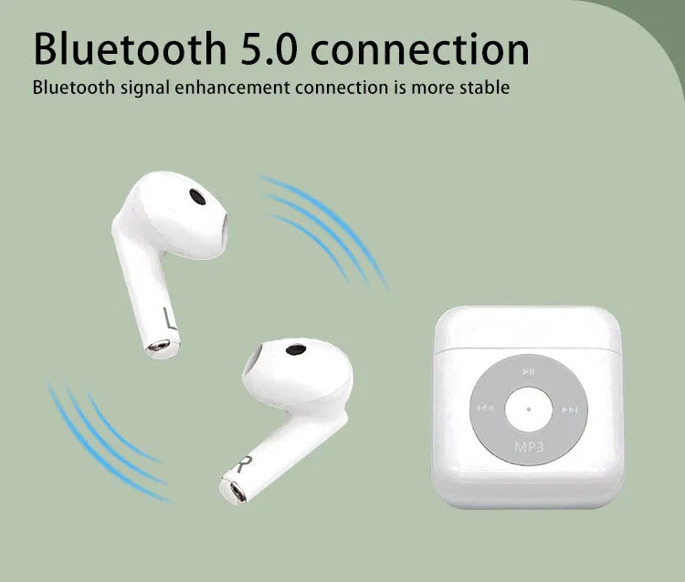 White wireless Bluetooth earphones with semi in-ear design and a matching charging case on a table.