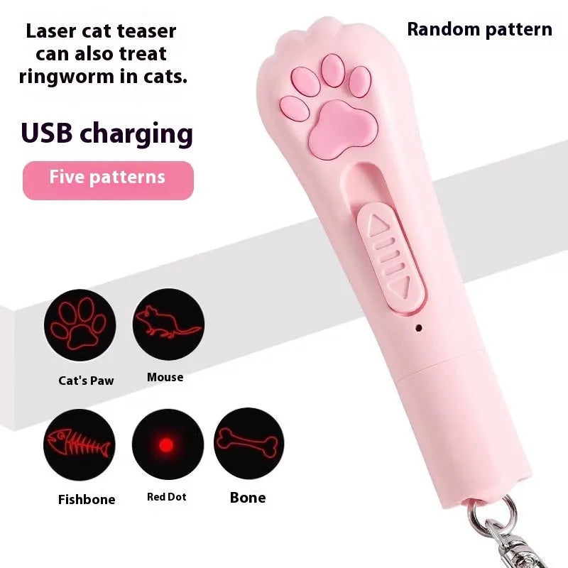 Cat teaser toy with self-moving head and LED light in pink, cream, or blue colours