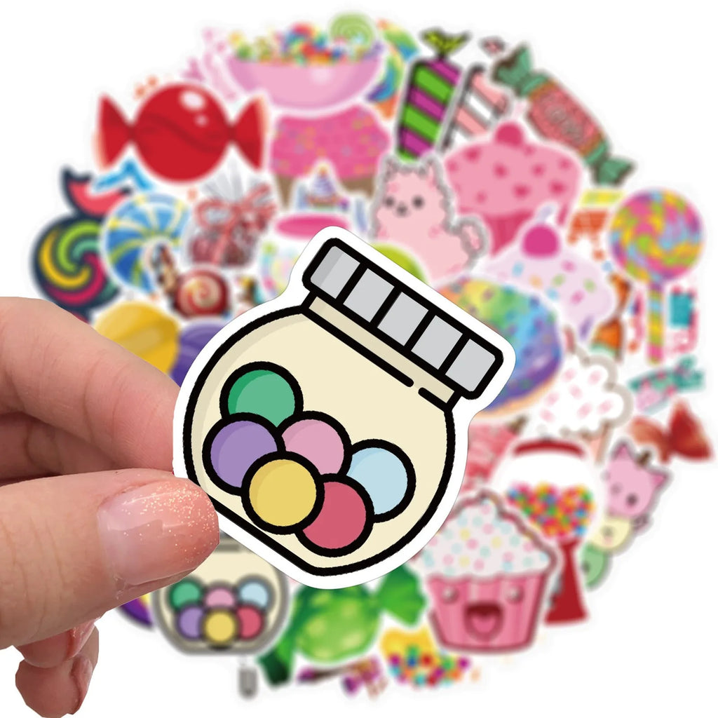 Colourful candy graffiti stickers pack showing 50 cartoon adhesive designs measuring 4-6 cm