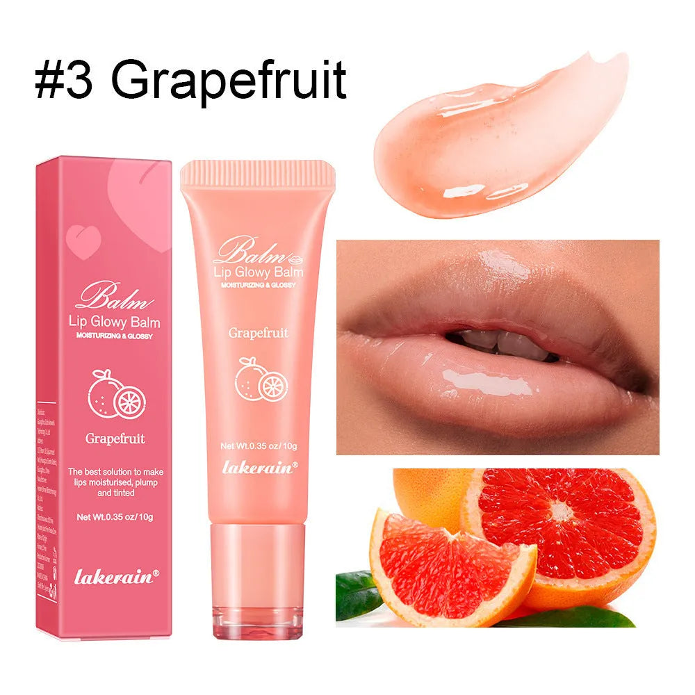 Women's flavoured lip gloss in berry, grape, grapefruit and yellow peach colour variants