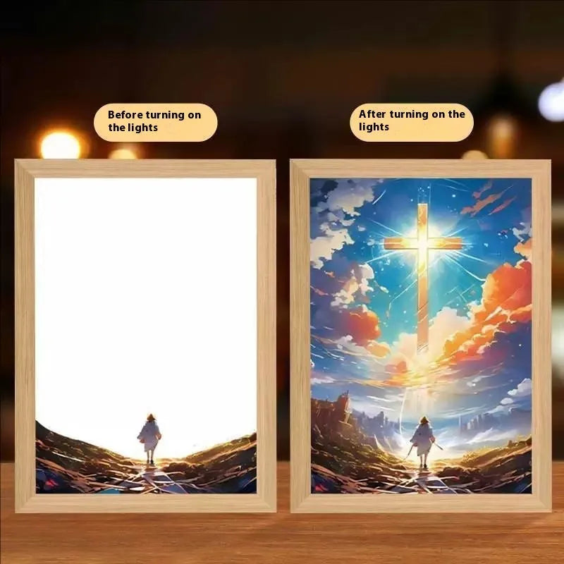 Modern rectangular LED light painting frame showing a sea and home scene on a wall.