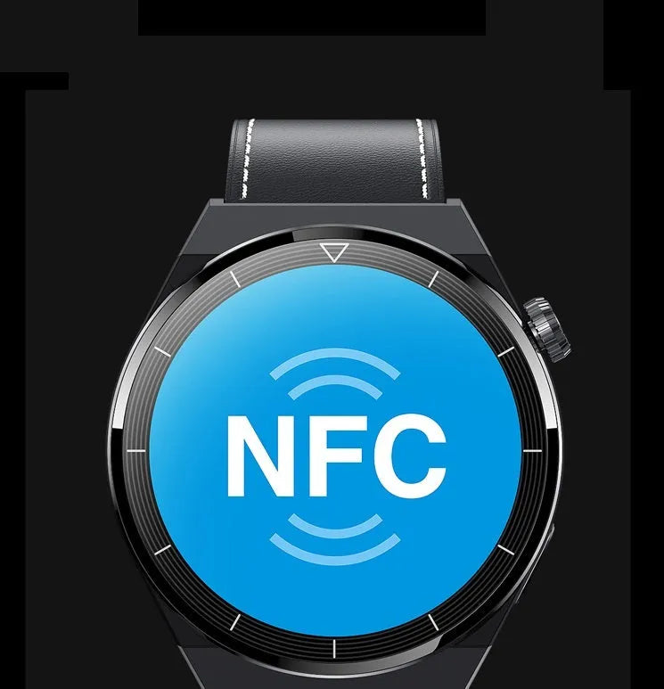 Round Android smartwatch with black silicone band showing Bluetooth and NFC icons on its 1.36-inch screen.