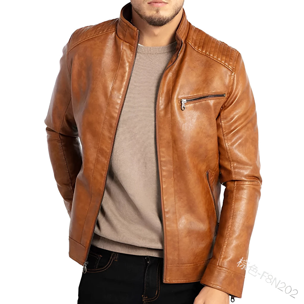 Man wearing a brown artificial leather punk-style motorcycle jacket with a stand collar.