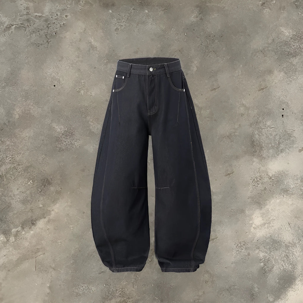 Men's wide leg denim trousers in original cow colour showing mid waist and straight leg design