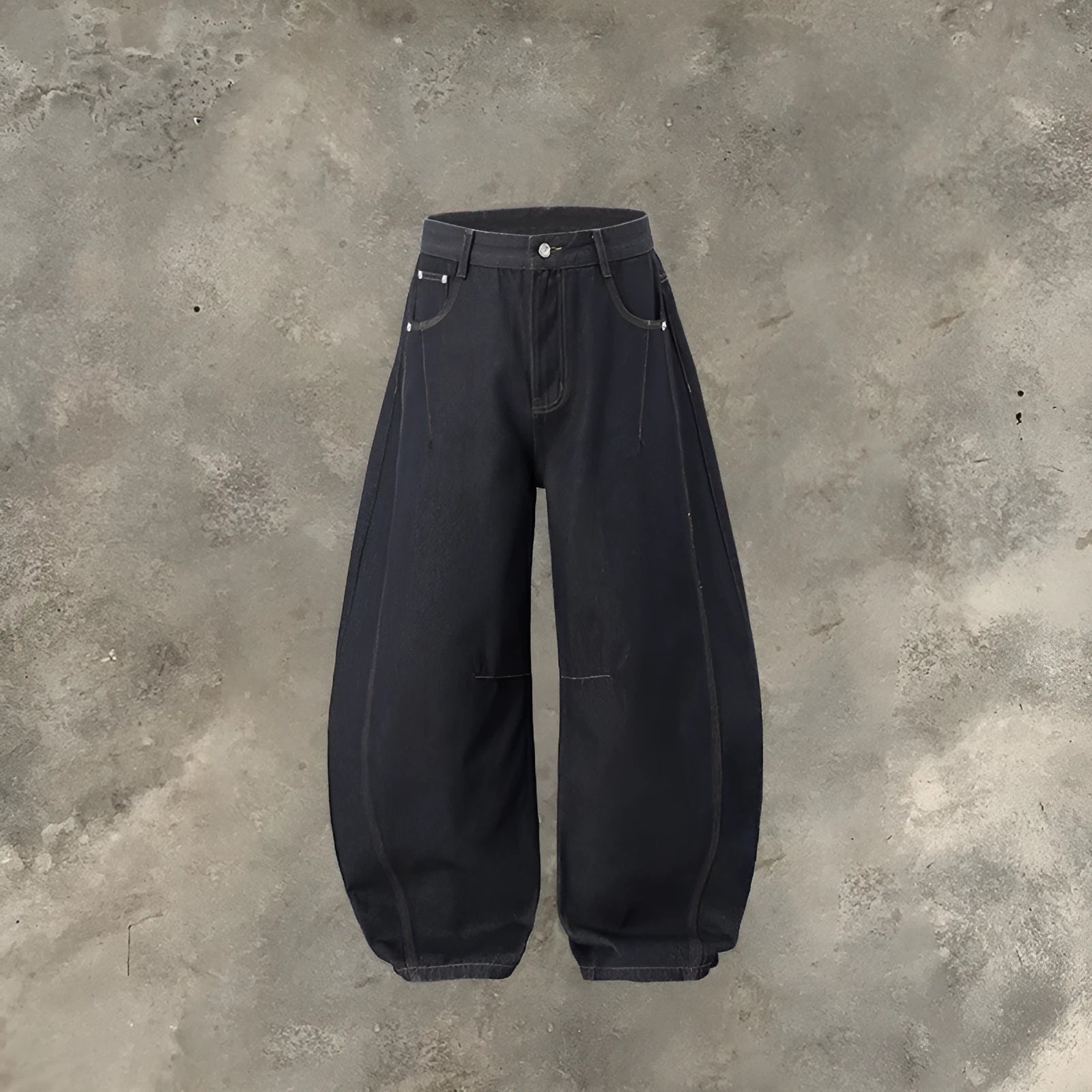 Men's wide leg denim trousers in original cow colour showing mid waist and straight leg design