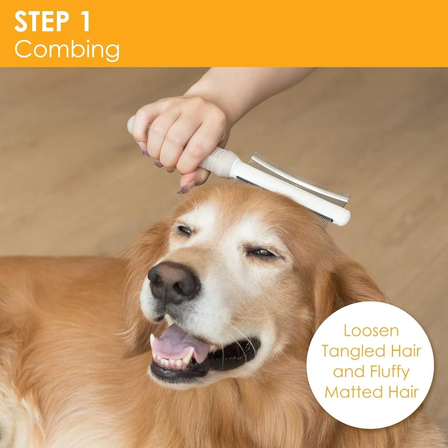 White double-sided pet brush with a curved comb on one end and a deshedding brush on the other, with a comfort-grip handle.