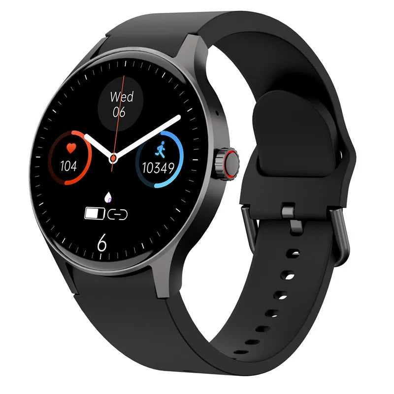 Black smart Bluetooth sport watch with round screen on a wrist, showing fitness stats.