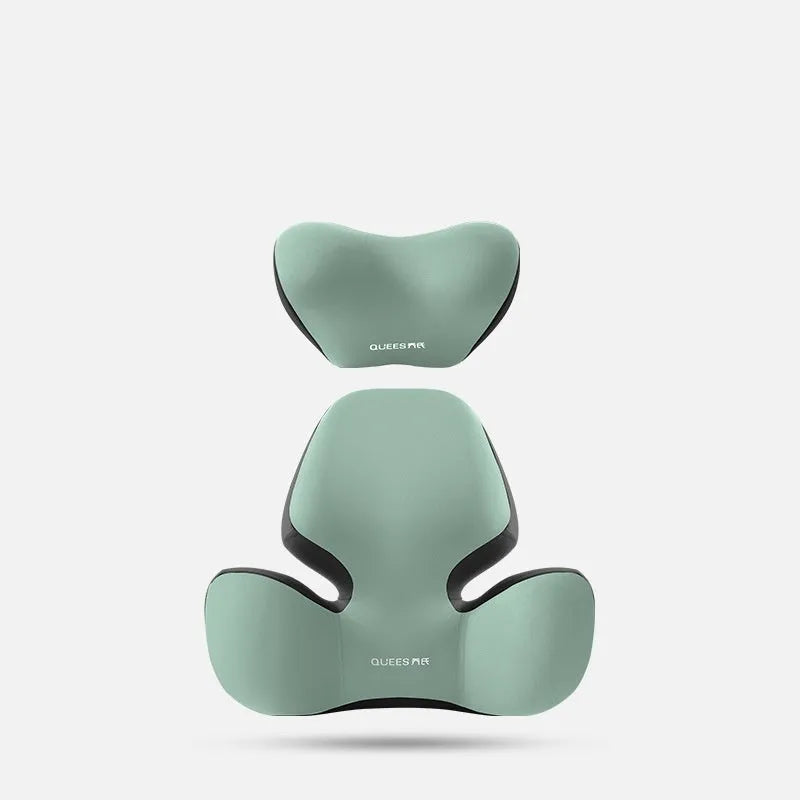 Black and grey memory foam car seat lumbar support pillow and matching headrest cushion on a car seat