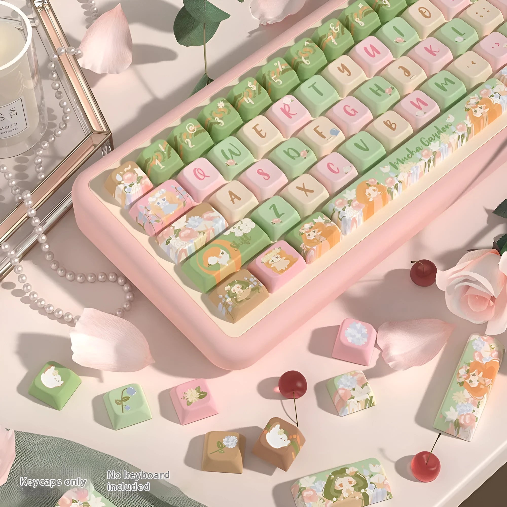 Summer Garden custom PBT key cap set for mechanical keyboards showing colourful botanical design.