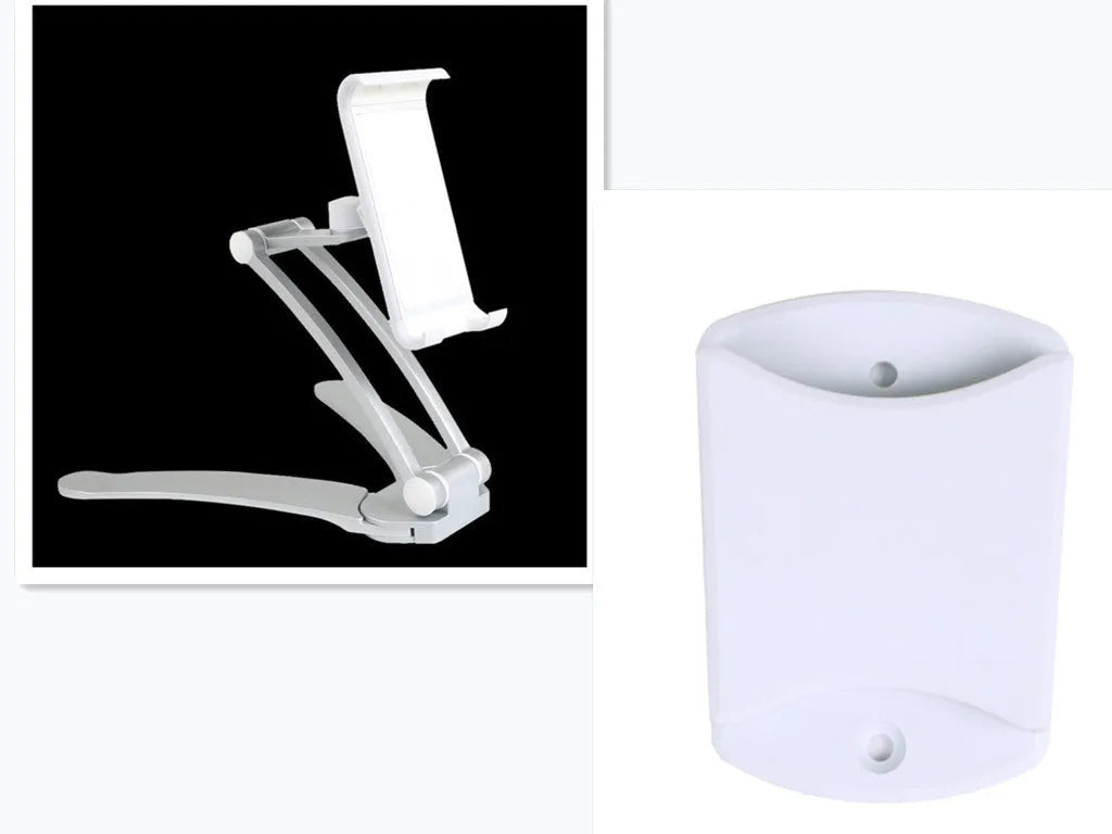 Silver aluminum alloy desktop tablet stand holding a tablet at adjustable angle with white mounting base