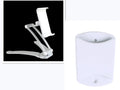 Silver aluminum alloy desktop tablet stand holding a tablet at adjustable angle with white mounting base