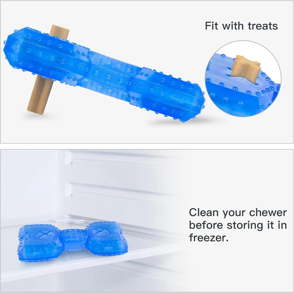 Freezable dog chew toy in bone and circle shapes for cooling and teething relief.