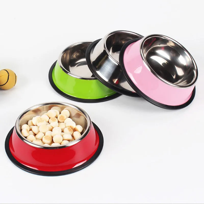 Stainless steel pet bowl with colourful melamine exterior and non-slip rubber base in multiple size options
