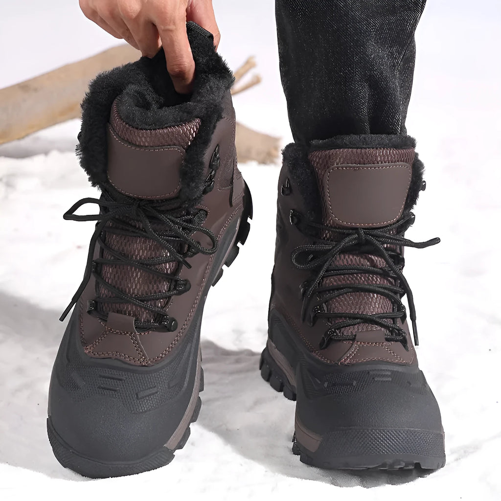 Fleece-lined high-top lace-up men's boots in black plus velvet or khaki, flat heel.