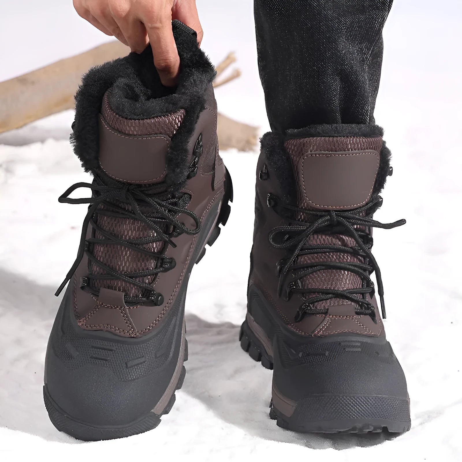 Fleece-lined high-top lace-up men's boots in black plus velvet or khaki, flat heel.